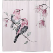 Vogels & Roze Bloemen in Waterverf Douchegordijn (Voorkant)
