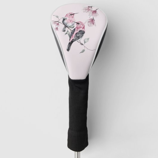 Vogels & Roze Bloemen in Waterverf Golfheadcover (Voorkant)