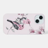 Vogels & Roze Bloemen in Waterverf iPhone 15 Case (Achterkant horizontaal)