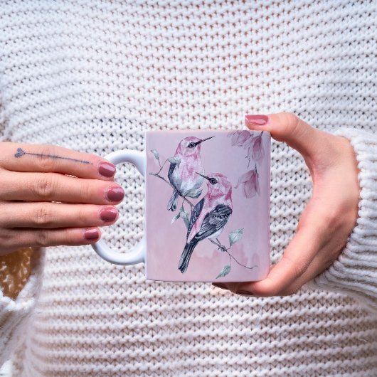 Vogels & Roze Bloemen in Waterverf Koffiemok