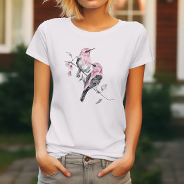 Vogels & Roze Bloemen in Waterverf T-shirt