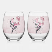 Vogels & Roze Bloemen in Waterverf Wijnglas Zonder Voet (Voorkant)