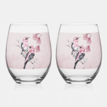 Vogels & Roze Bloemen in Waterverf