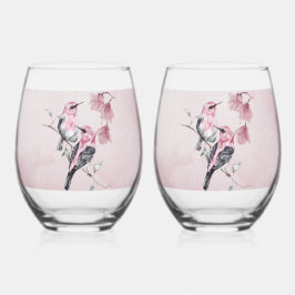 Vogels & Roze Bloemen in Waterverf Wijnglas Zonder Voet