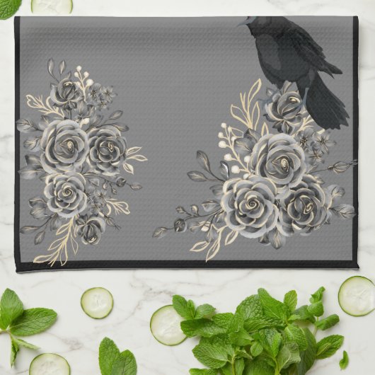 Vogels Rozen en Ravens Keukenhanddoek (Gevouwen)