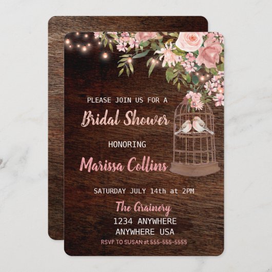 Vogels Rustiek Bruids douche Uitnodiging String li (Voorkant / Achterkant)