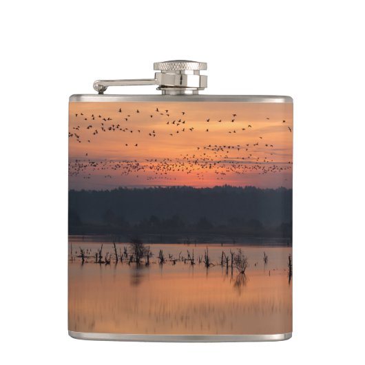 Vogels tegen zonsopgang heupfles (Voorkant)
