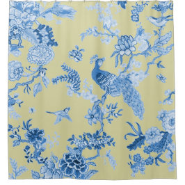 Vogels_Toile_Blue en mosterd Douchegordijn