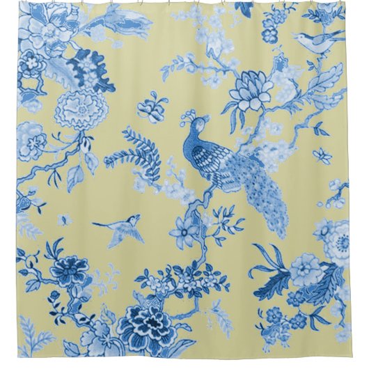Vogels_Toile_Blue en mosterd Douchegordijn (Voorkant)