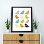 Vogels uit de middeleeuwse moderne kleurrijke retr poster<br><div class="desc">Deze fantastische moderne muurkunst uit de midden van de eeuw kenmerkt rijen heldere vogels,  in kleuren turquoise,  oranje,  crème,  groen,  geelbruin en zwart. Dit maakt een kleurrijke toevoeging aan je thuisdecor.</div>