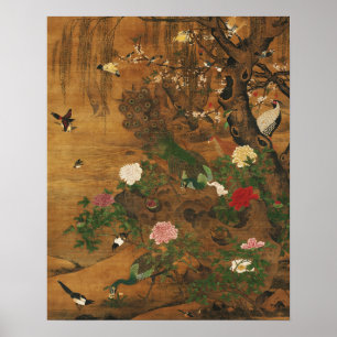 Vogels verzamelen onder de lente wilg poster