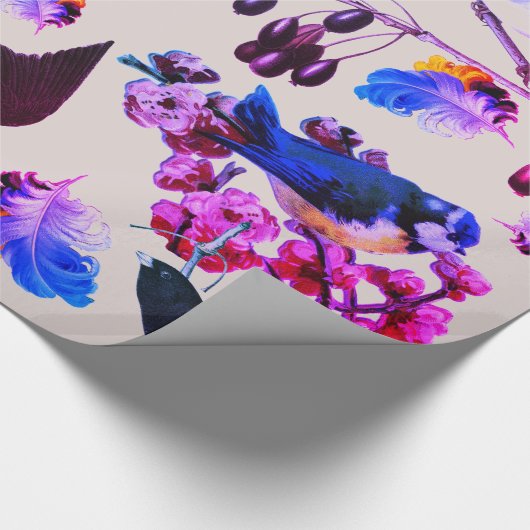 VOGELS, VETTEN EN VRUCHTEN, roze blauwe Florenz Cadeaupapier (Hoek)