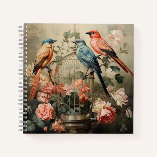 vogels, Victoriaans vogelkooi, perzikbloemen Notitieboek (Voorkant)