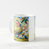 Vogels vliegen rond een vrolijk man koffiemok (Voorkant links)