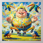 Vogels vliegen rond een vrolijk man poster (Voorkant)
