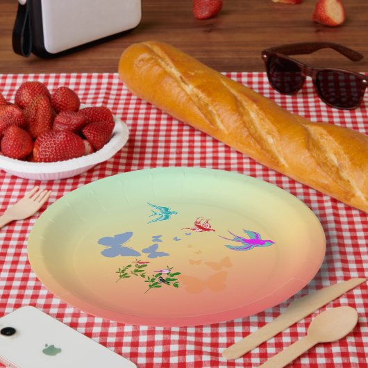 Vogels Vlinders Bloemen in Natuur Papieren Bordje (Picknick)