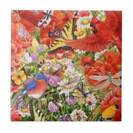 Vogels, vlinders en bijen, keramische tegel tegeltje