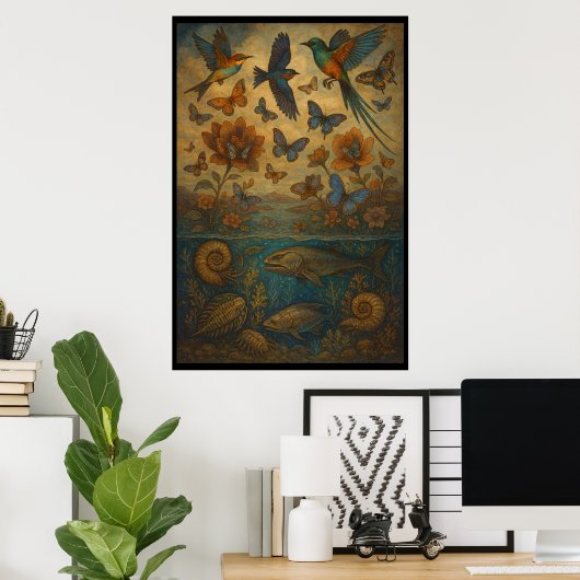 Vogels, vlinders en het oude leven in de oceaan poster (Thuiskantoor)