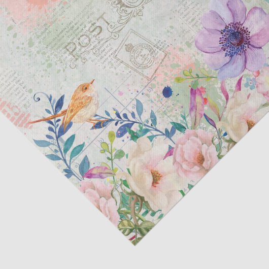 Vogels, Vogelhuis, Tekst en Bloemen Collage Tissuepapier (Detail)