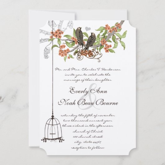  Vogels Vogelkooi Perzik Koraal Bloeit Bruiloft Kaart (Voorkant)