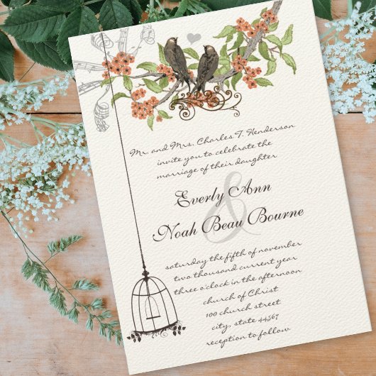  Vogels Vogelkooi Perzik Koraal Bloeit Bruiloft Kaart