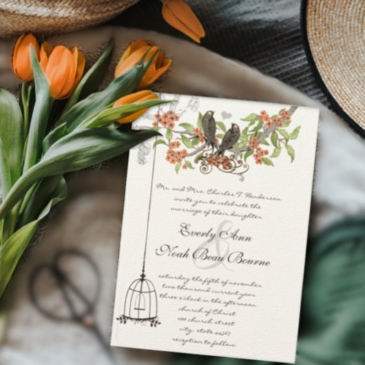  Vogels Vogelkooi Perzik Koraal Bloeit Bruiloft Kaart