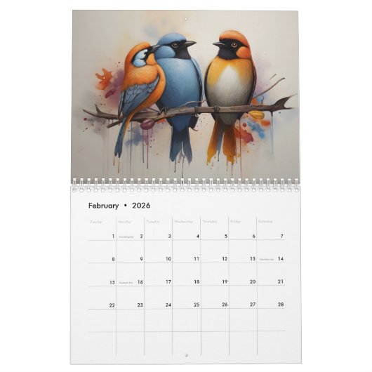 Vogels waterverf kunst kalender (Feb 2026)