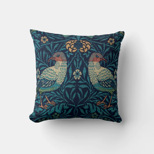 Vogels William Morris. Blauw dierlijk  patroon Kussen (Voorkant)