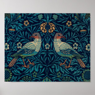 Vogels William Morris. Blauw dierlijk  patroon Poster
