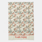 Vogels Winter Holly Red Berries Kerstvakantie Theedoek (Verticaal)