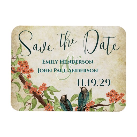 Vogels Woodgrain Save the Date Koraal Kersenbloese Magneet (Horizontaal)