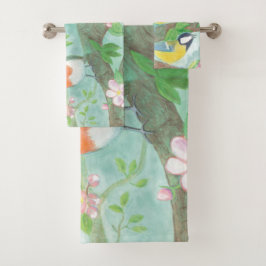 Vogels zingen op een bloeiende boomtak bad handdoek