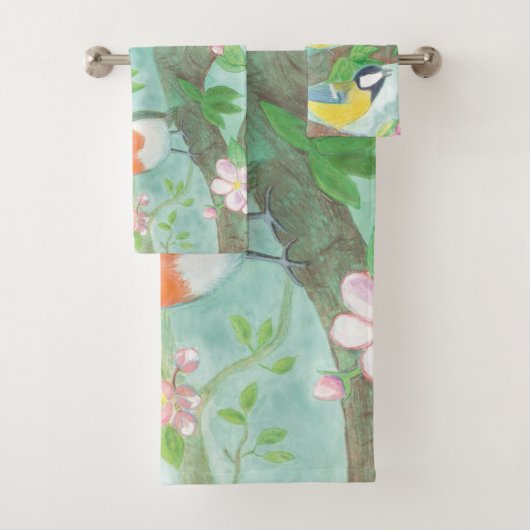 Vogels zingen op een bloeiende boomtak bad handdoek (Insitu)