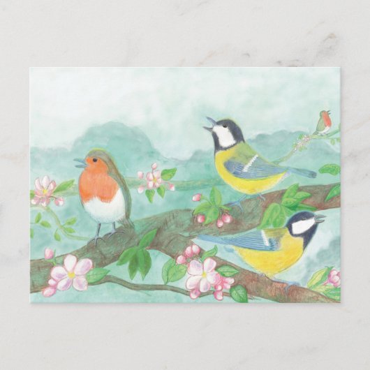 Vogels zingen op een bloeiende boomtak briefkaart (Voorkant)