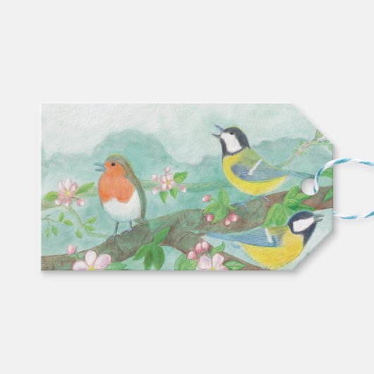 Vogels zingen op een bloeiende boomtak cadeaulabel (Voorkant (Horizontaal))