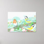 Vogels zingen op een bloeiende boomtak canvas afdruk (Voorkant)