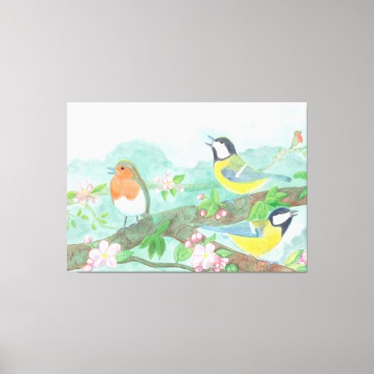 Vogels zingen op een bloeiende boomtak canvas afdruk (Voorkant)