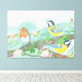 Vogels zingen op een bloeiende boomtak canvas afdruk (Insitu (Houten vloer))