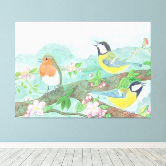 Vogels zingen op een bloeiende boomtak canvas afdruk (Insitu (Houten vloer))