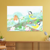 Vogels zingen op een bloeiende boomtak canvas afdruk (Insitu (Woonkamer))