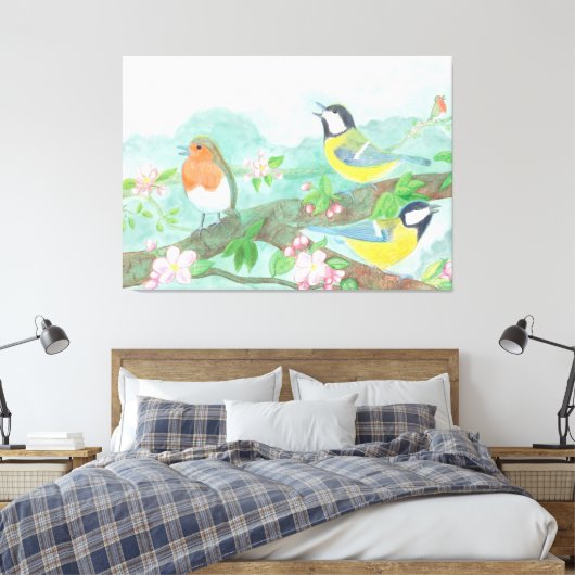 Vogels zingen op een bloeiende boomtak canvas afdruk (Insitu (Slaapkamer))