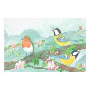 Vogels zingen op een bloeiende boomtak foto afdruk