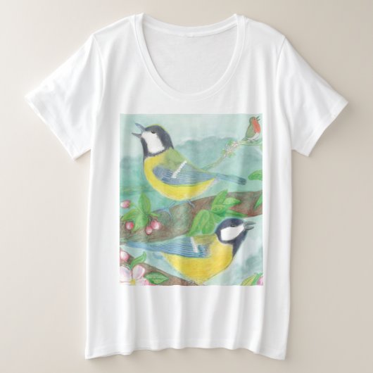 Vogels zingen op een bloeiende boomtak grote maat t-shirt (Design voorkant)