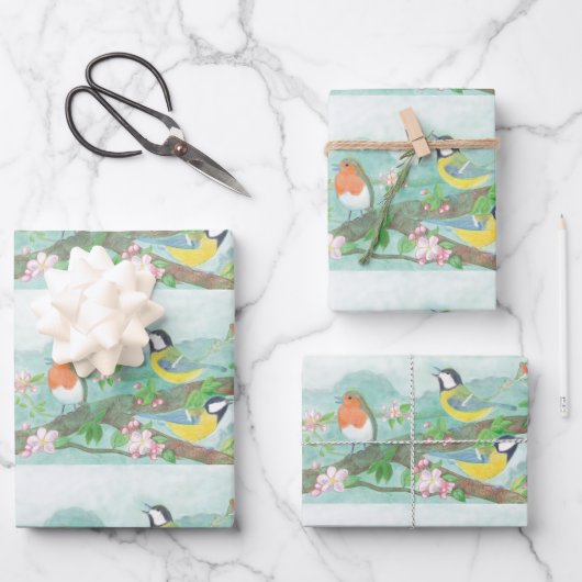 Vogels zingen op een bloeiende boomtak inpakpapier vel (Voorkant)