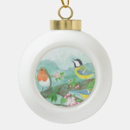 Vogels zingen op een bloeiende boomtak keramische bal ornament