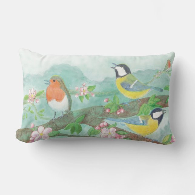 Vogels zingen op een bloeiende boomtak kussen (Voorkant)