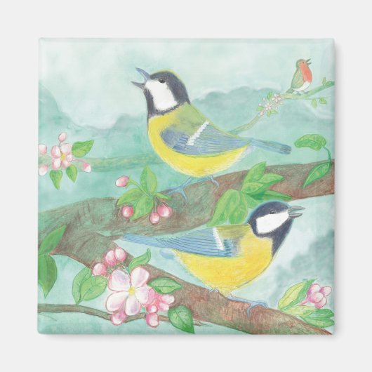 Vogels zingen op een bloeiende boomtak magneet (Voorkant)