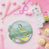 Vogels zingen op een bloeiende boomtak papieren bordje (Feest)