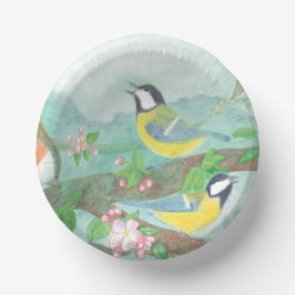 Vogels zingen op een bloeiende boomtak papieren kommen