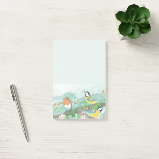Vogels zingen op een bloeiende boomtak post-it® notes (Kantoor)